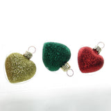 Gold, green and red blown glass glitter heart ornaments