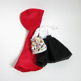 Little Red Riding Hood cape, white blouse, black skirt, apron