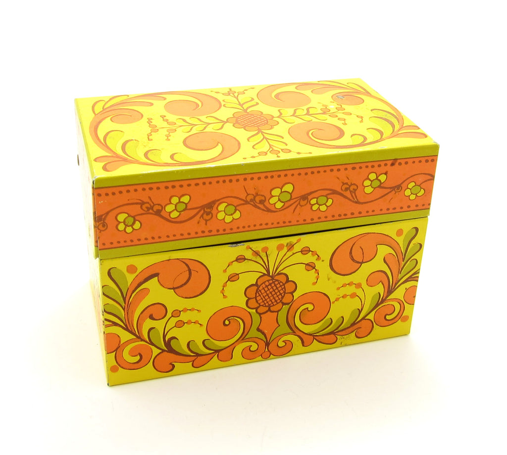 Recipe Treasures Vintage Avon Recipe Box Metal with Orange & Yellow Flowers