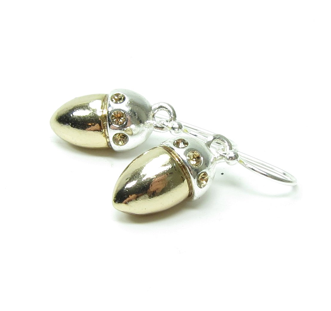 Silver acorn earrings with brown rhinestones