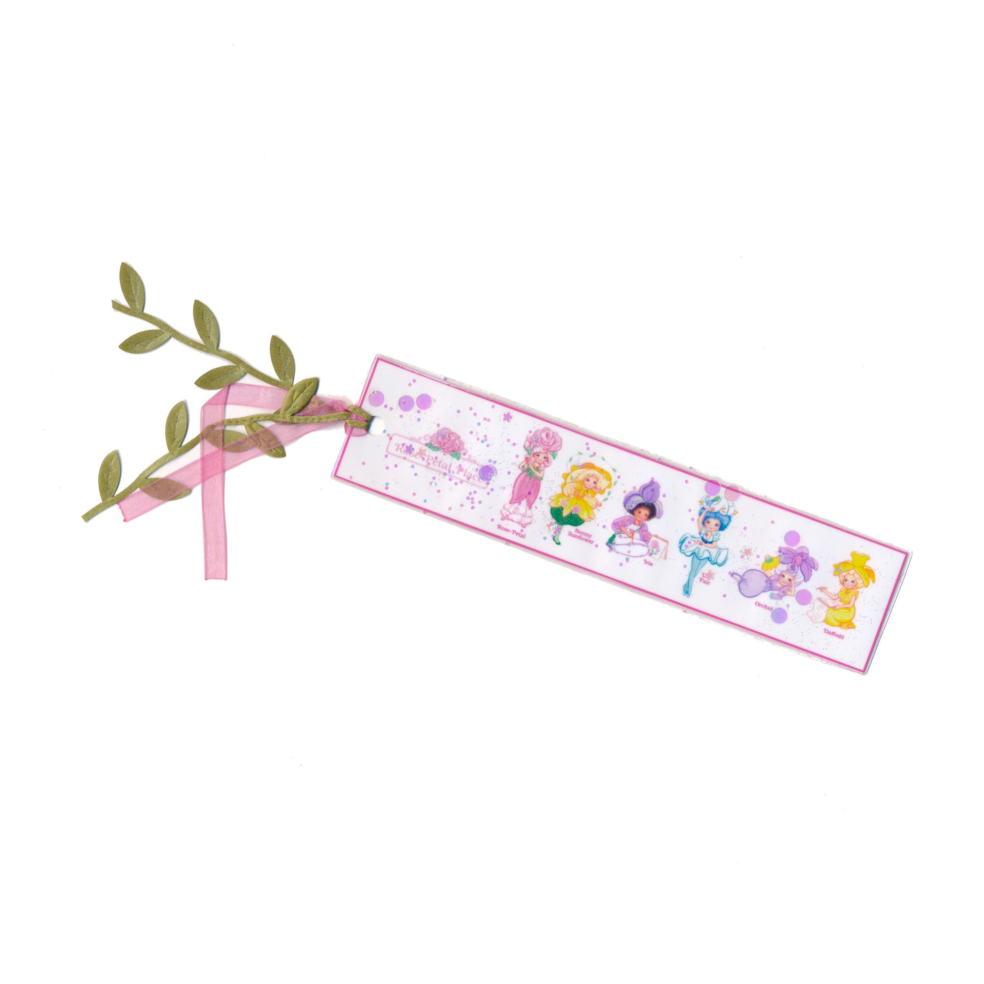 Rose Petal Place bookmark with glitter and ribbon
