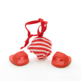 Red and white Strawberry Shortcake swimsuit and sandals