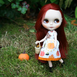Blythe doll dress with squirrels, pumpkins, and fall leaves