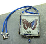 Blue Butterfly Necklace with Soldered Glass Pendant