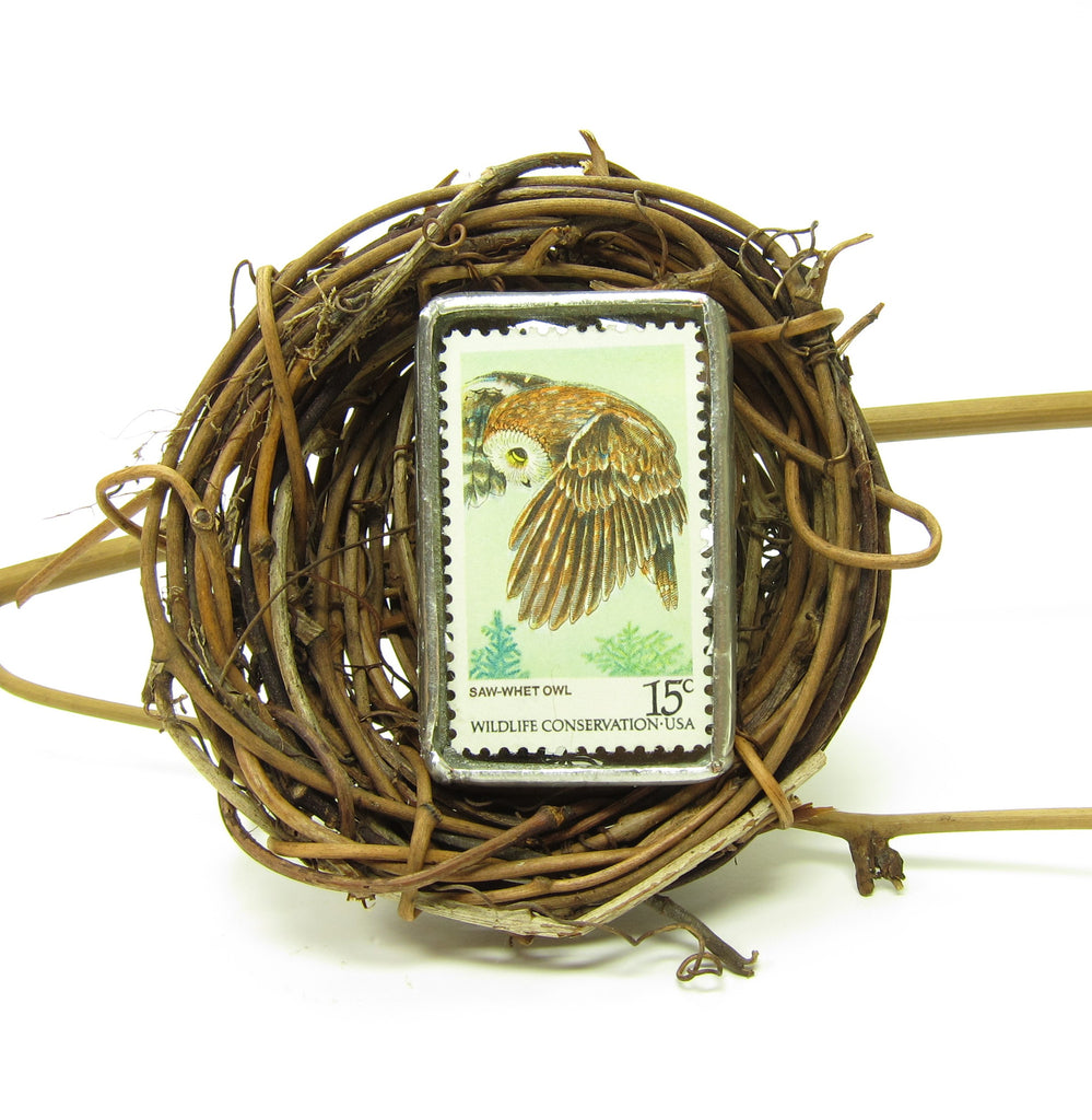 Owl Brooch Postage Stamp Soldered Glass Pin Saw Whet Owl