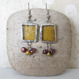 Yellow earrings with burgundy freshwater pearls