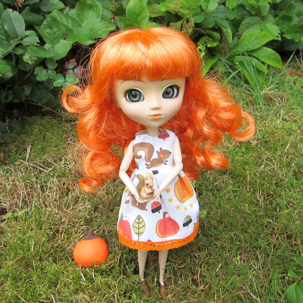 Autumn Dress for Blythe or Pullip Dolls with Fall Squirrels & Pumpkin Print