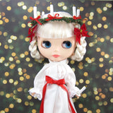 White Saint Lucy's day gown for Blythe with red sash, candle crown