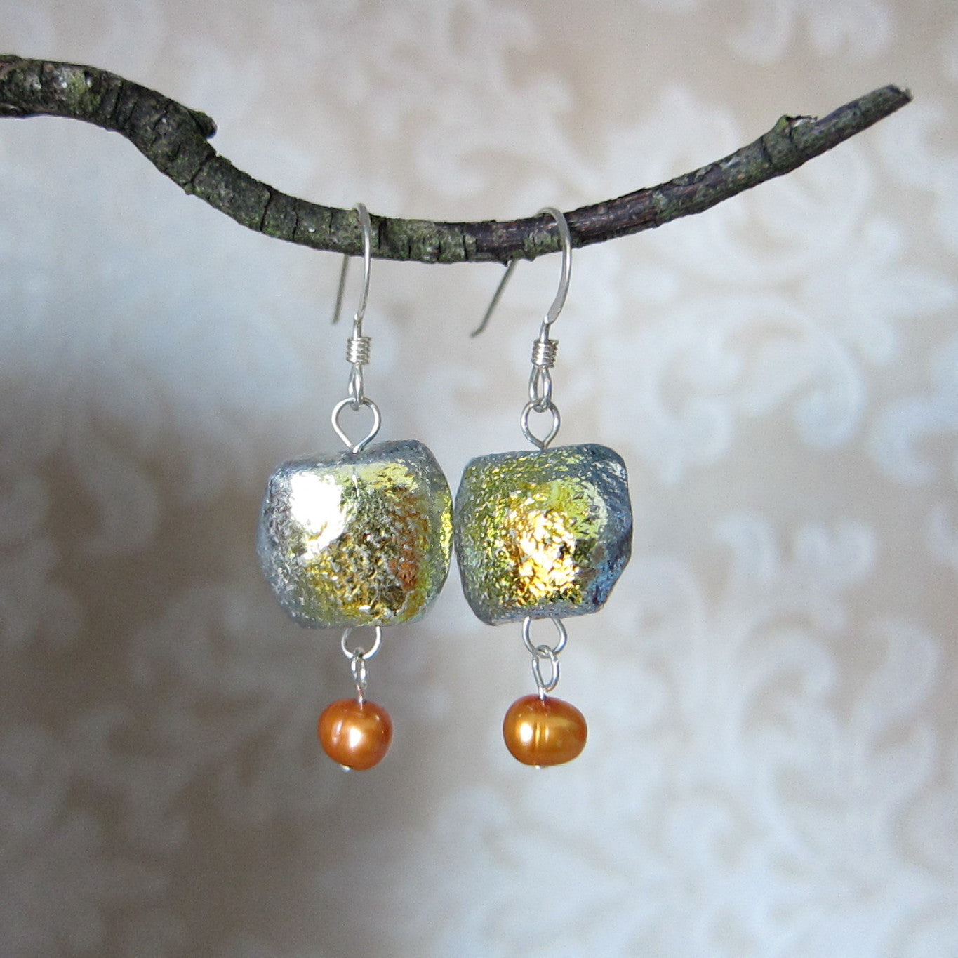 Sterling Silver Earrings with Orange Freshwater Pearls
