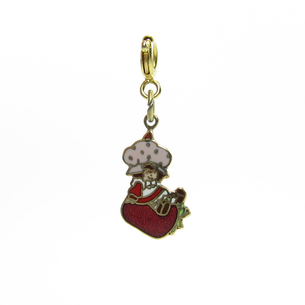 Strawberry Shortcake Sitting on a Strawberry Gold Enamel Charm for Bracelet