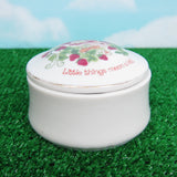 Strawberry Shortcake "Little things mean a lot" round porcelain trinket box with wear on gold trim