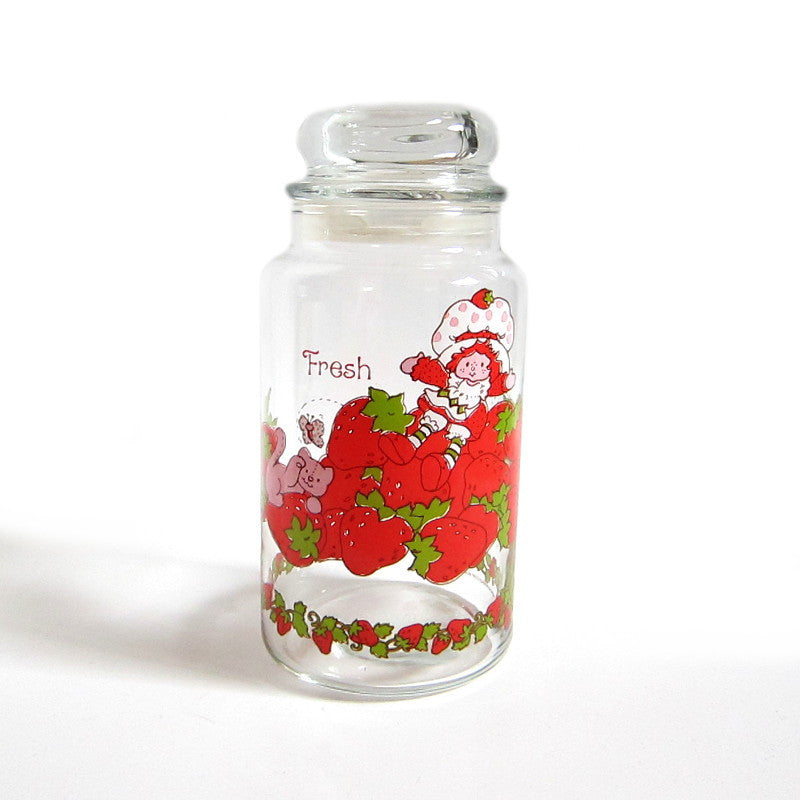 Strawberry Shortcake Jar Vintage Kitchen Canister with Lid and Strawberries, Custard