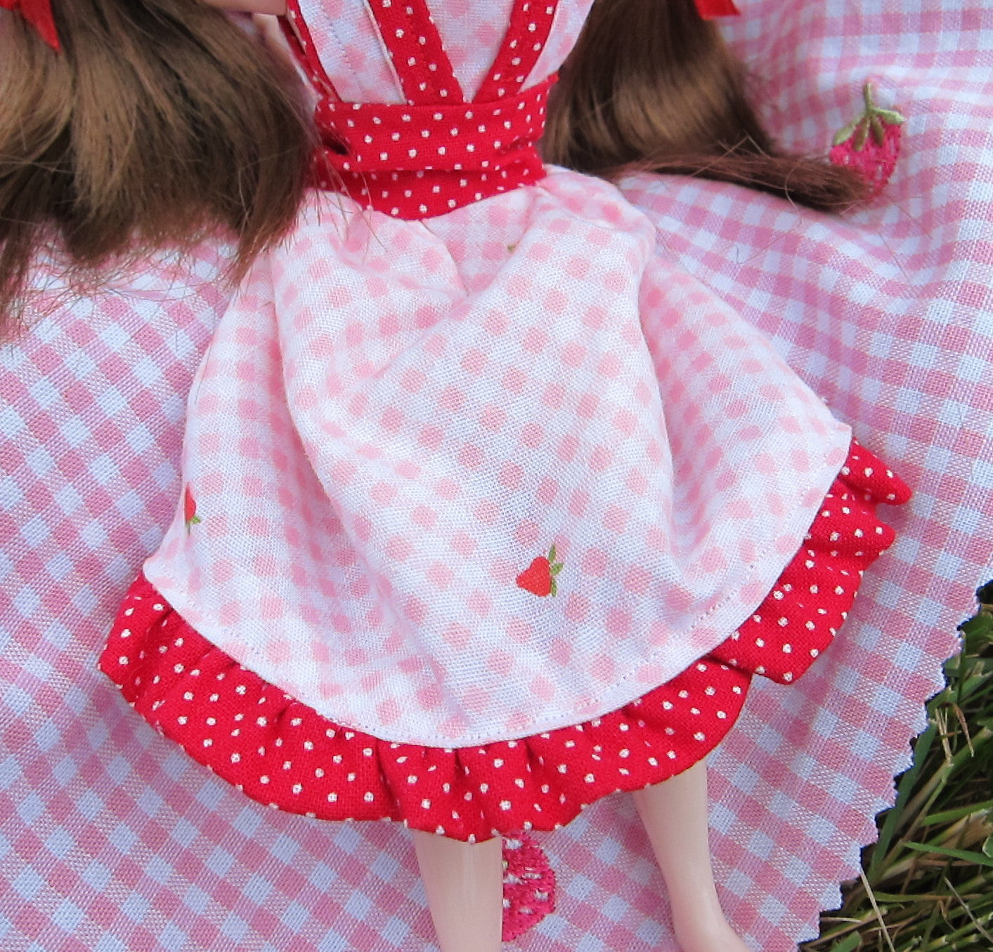Blythe Summer Picnic Dress with Pink Gingham, Strawberries, and Red an | Brown Eyed Rose Blythe Summer Picnic Dress with Pink Gingham, Strawberries, and Red an | Brown Eyed Rose