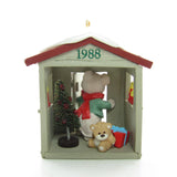 Hallmark ornament with mouse, bottle brush tree, teddy bear in clubhouse