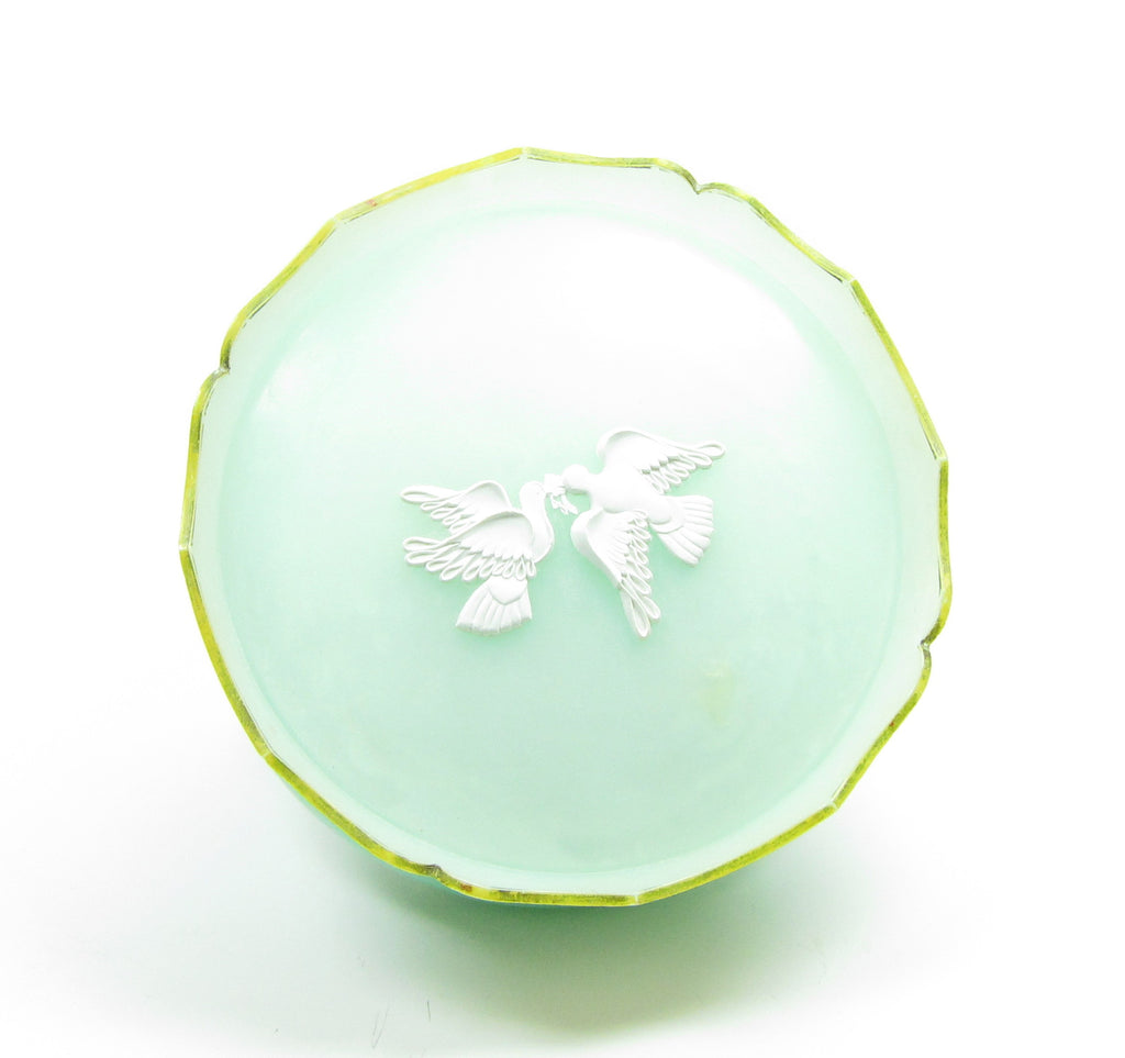 Avon Rapture Beauty Dust Powder Mint Green Plastic Powder Container with Doves Love Birds