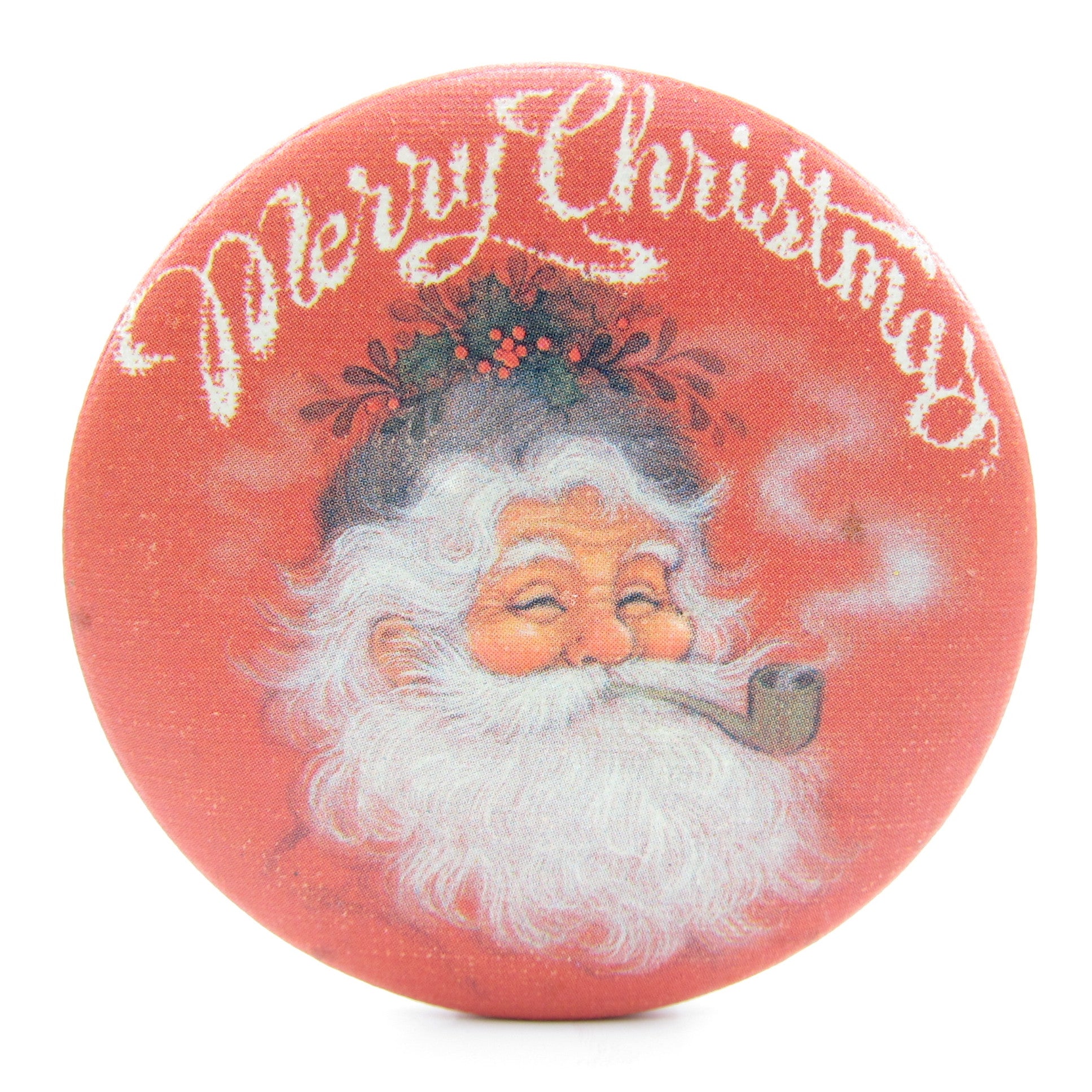 Vintage Hallmark Merry Christmas pin-back button pin with Santa Claus smoking a pipe