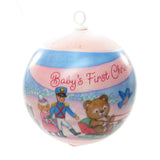 Baby's First Christmas pink silk ball ornament with soldier and teddy bear in sleigh