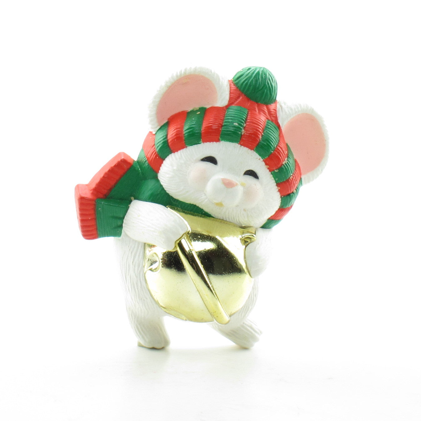 White mouse with red and green hat and scarf and gold jingle bell pin