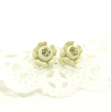 White rhinestone rose post earrings