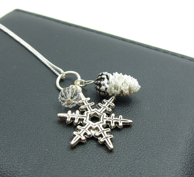 Snowflake Pine Cone Charm Necklace on Sterling Silver Chain