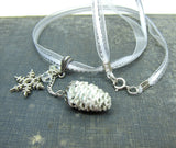 Winter Snowy Pine Cone Necklace with Snowflake Charm and Silver Clasp