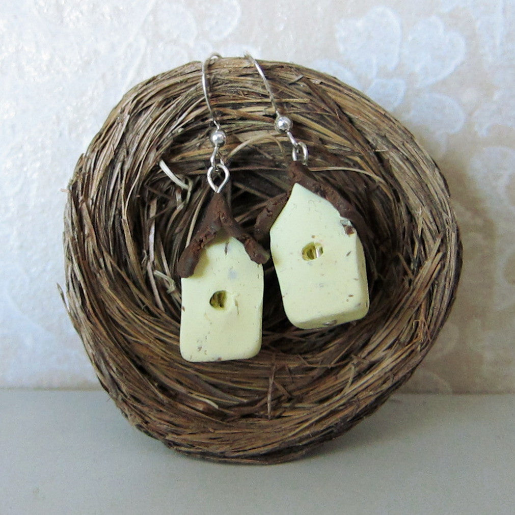 Bird House Earrings Polymer Clay Yellow Birdhouse Sterling Silver