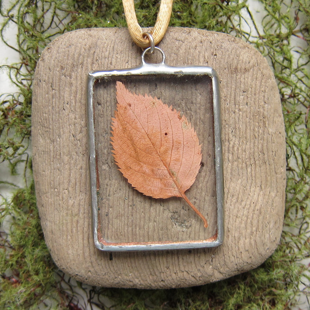 Leaf Necklace Soldered Glass Pendant with Real Yellow Brown Autumn Fall Leaf