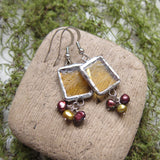 Yellow stained glass earrings with freshwater pearls