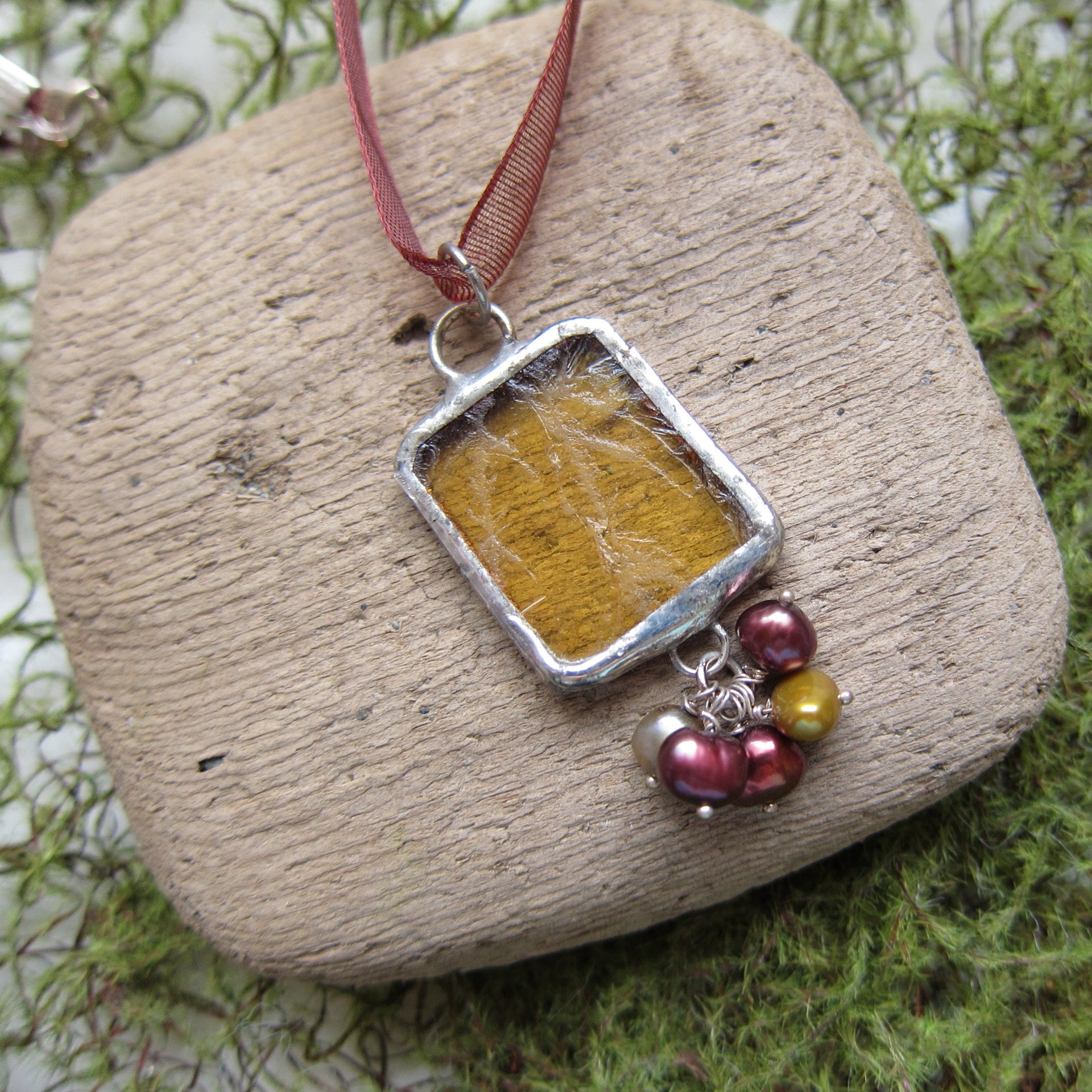 Yellow stained glass pendant necklace with freshwater pearls